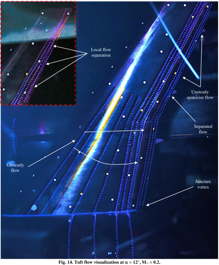 Fig. 14. Tuft flow visualization at  = 12°, M ∞  = 0.2.  Separated flow Unsteady flow Juncture vortex Local flow separation  Unsteady  spanwise flow 