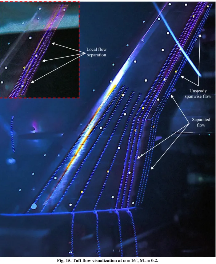 Fig. 15. Tuft flow visualization at  = 16°, M ∞  = 0.2.  Separated flow Local flow separation Unsteady  spanwise flow 