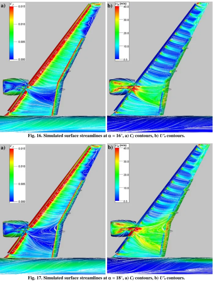 Fig. 16. Simulated surface streamlines at  = 16°, a) C f  contours, b) Uʹ n  contours