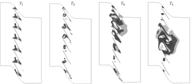 Fig. 6. The axial negative velocity distribution at the blade tip in 4 time instants