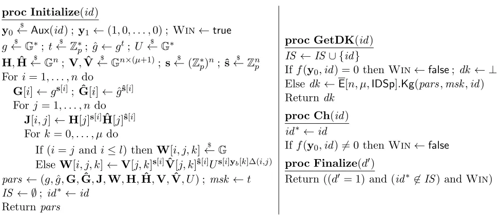 Figure 3: Games ReC (“Real Ciphertexts”) and RaC (“Random Ciphertexts”) associated to IDSp ⊆ Zµp.