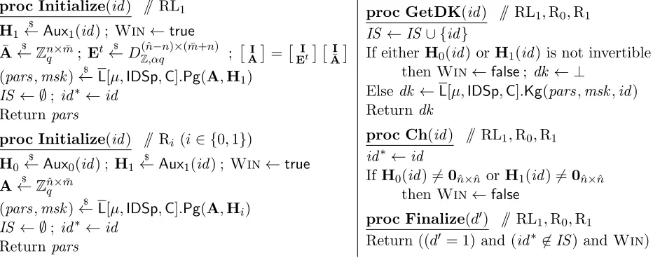 Figure 7: Games RL1algorithms (“Real-to-Losssy”) and R0, R1 associated to n, µ, IDSp and auxiliary input generator Aux0 and Aux1.