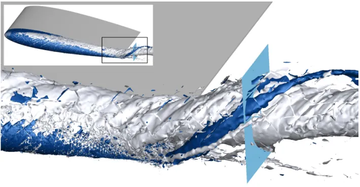 Figure 5: Contours of iso-helicity showing the interaction between the primary (in light grey) and a secondary vortex of opposite rotational sense (in blue, or dark grey)