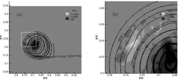 Figure 11: Streamwise component of the vorticity vector Ω x at location x/c = +0.125. Both primary vortex, in dark grey, and secondary vortex in light grey in the II quadrant are visible with an overview of the flow in a) and the detail of the location of 