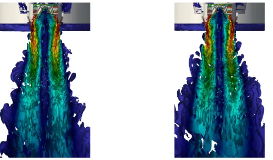 Figure 2.15: Iso-surface of Q-contours colored by velocity magnitude, comparing dynamic Smagorinsky LES (left) and current DDES (right).