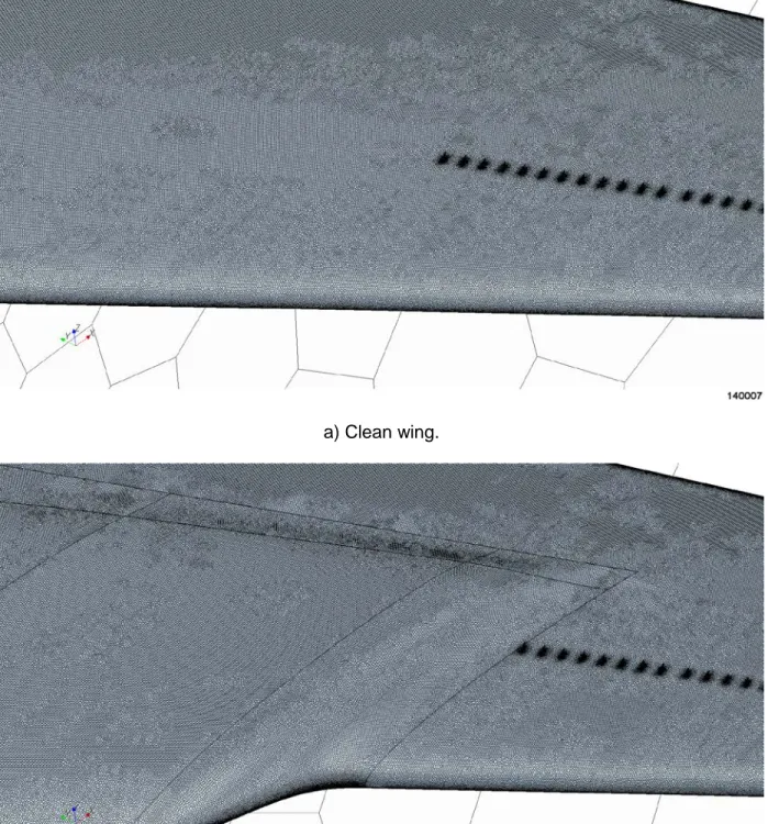Figure 8. Closed-up view of the Star-CCM+ CFD grid for the clean wing and gloved wing with  vortex generators