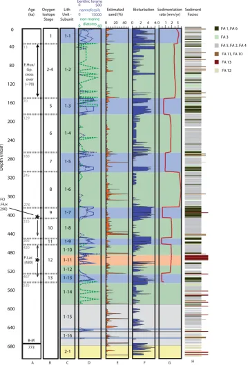 Figure 2. Results from Site M0079. (A) Age constraints from calcareous nannofossils and magnetostratigraphy (black text) and interpreted ages from correlation of basin environment with eustatic sea level curve (grey dotted lines and text, see Methods)