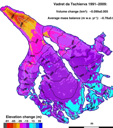 Figure 3. Temporal homogenization of cumulative average massbalance from DEM differencing for Glacier de Tsanﬂeuron (darkgrey) based on cumulative mean annual mountain-range mass bal-ance from Huss (2012).