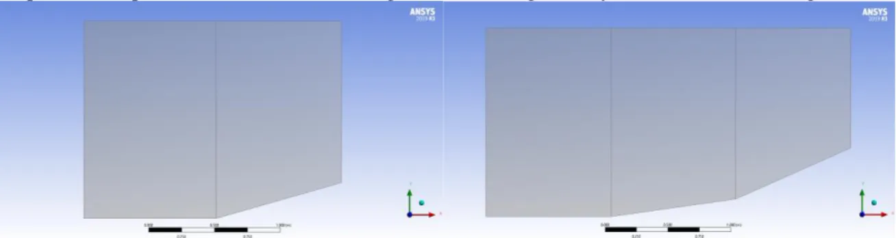 Figure 3.1: Single-ramp geometry at an angle of 16 degrees and double-ramp geometry at an angle of 8  degrees for each ramp