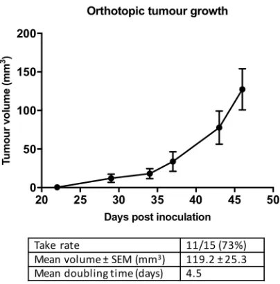 Table 1. 3D volume measurements of orthotopic CRC tumours by HF-US, take rates and tumour doubling time