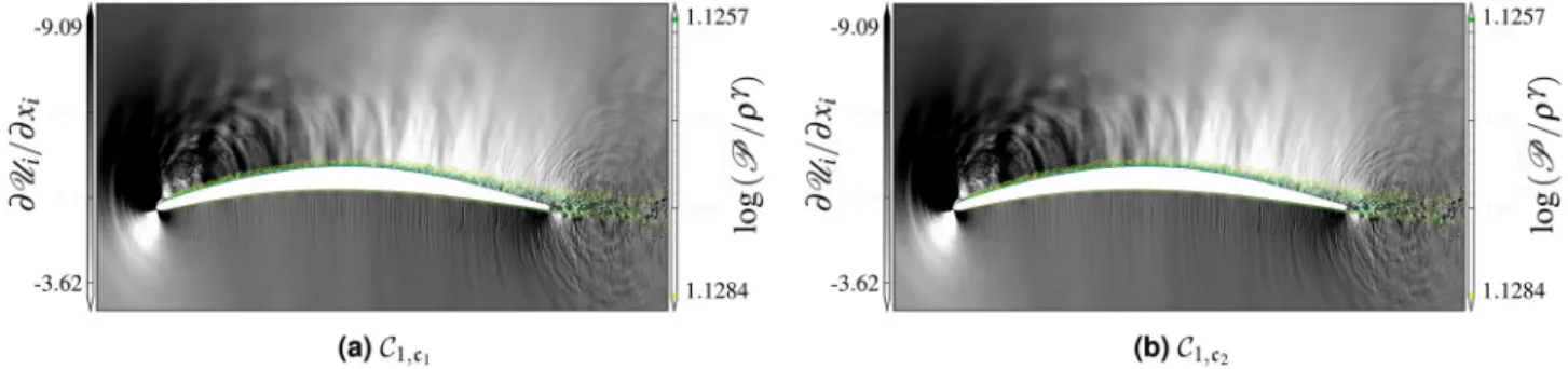 Figure 13.  Instantaneous field of dilatation rate fluctuations and iso-entropy contours for the C 2 .