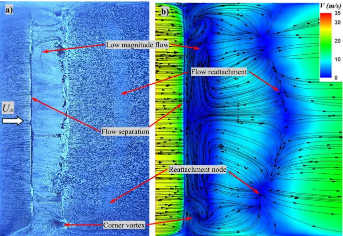 Figure 11. Separated flow over the hump a) oilflow visualization b) simulated surface streamlines    