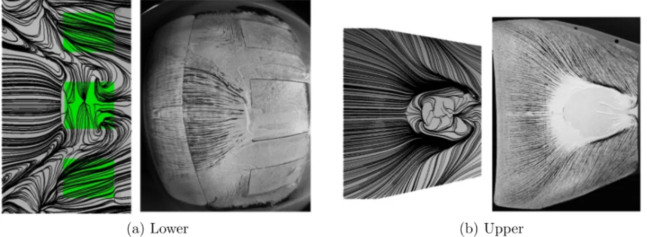 Figure 2.34: Flow separations of DDES skin-friction lines compared to the experi- experi-mental oil flow (Figure from Lakebrink and Mani [4])