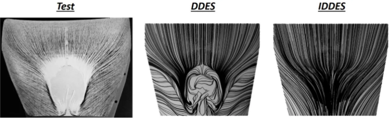 Figure 2.37: Upper flow separation differences between DDES and IDDES skin- skin-friction solutions when compared to experimental oil flow visualization (Figure from Lakebrink and Mani [4])
