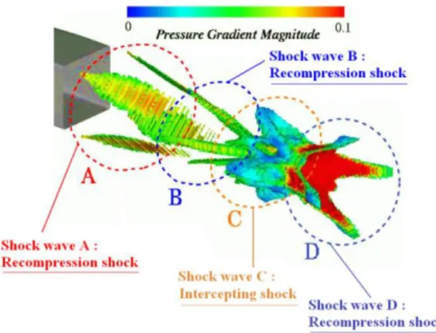 Fig. 1. shock surface in the region downstream of an under-expanded Mach 2.2 square nozzle [35]