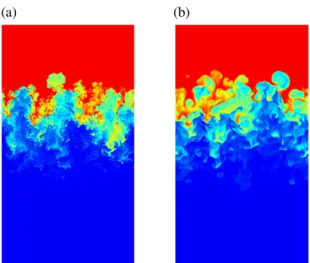 Figure 2: Volume fraction distributions for plane sections, denser fluid at top; (a) ILES at t=3.0, (b) DNS at t=3.2.