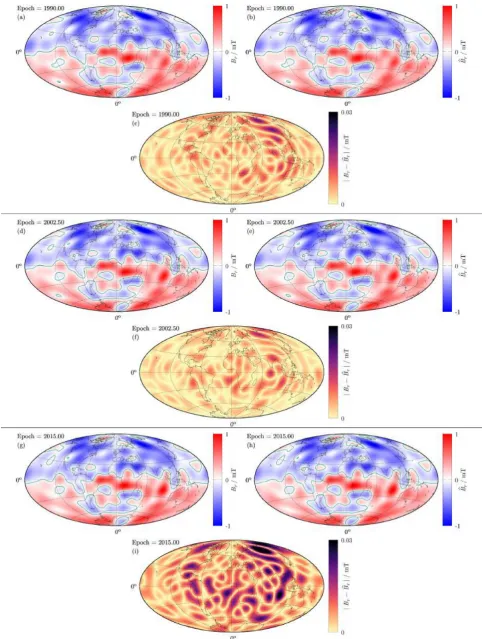 Figure 9. The radial ﬁeld at the CMB and at selected epochs as described by COV-OBS.x1 (a,d,g) and the regularized 1990.0-2015.0 diffusion model (b,e,h);ﬁgures c, f and i show the corresponding unsigned difference between the two models