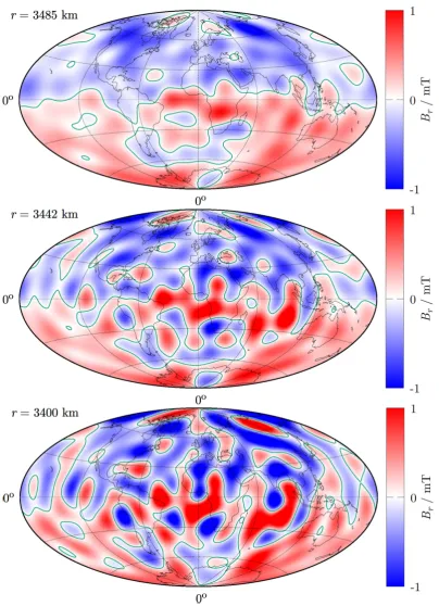 Figure 11. The radial ﬁeld Br from the regularized 1990.0-2015.0 diffusion model at t = t0 and selected depths inside the core