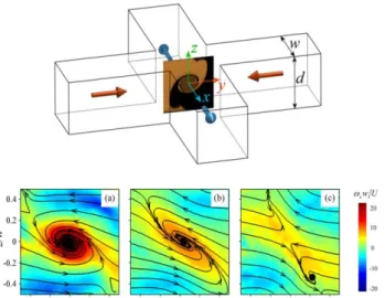 Figure 1-6. Cross flow geometry and the PIV measurement plane passing through the spiral vortex forming at  the junction of the incoming streams (top), Streamlines and PIV measurements of the dimensionless vorticity for  (a) water, (b) aqueous solutions of