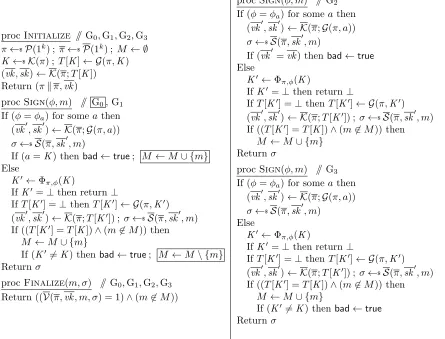 Figure 8: Games for proof of Theorem 6.2. Game G0 includes the boxed code and game G1 does not.