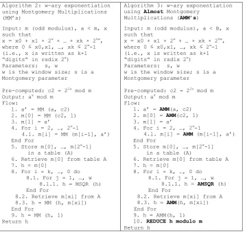Fig. 2. The w-ary exponentiation algorithm. Left panel: using MM’s. Right panel: using AMM’s