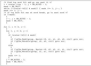 Fig. 1. Montgomery’s ladder scalar multiplication for curves over binary ﬁelds as im-plemented in OpenSSL 0.9.8o at crypto/ec/ec2 mult.c.