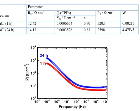 Table 2. EIS parameters obtained by fitting the Nyquist plots with the equivalent circuit for API X-70 5L pipeline steel after 1 h and 24 h immersion in 4.0 wt.% NaCl solutions