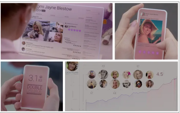 Figure 1.2: Black Mirror social rating system — ©Endemol Shine UK/Channel 4 For more visualizations of HCI in SFMS, a repository of examples are referenced in Shedroff and Noessel’s works [299, 298, 239] and the accompanying website [238], which both provi