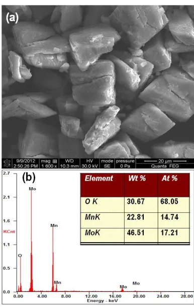 Figure 1. XRD pattern of α-MnMoO4 powder (inset: FT-IR spectrum of α-MnMoO4 powder).  
