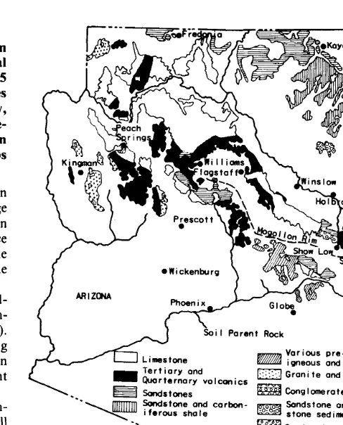 Fig. 1. Simplified geologic map of the pinyon-juniper type in Arizona. 
