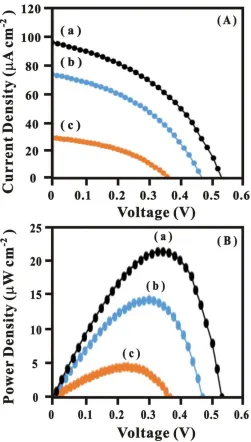 Figure 4. (A)  Polarization curves of biofuel cell based on (a) GNP-f-CNT, (b) GNP and (c) f-CNT biocathode