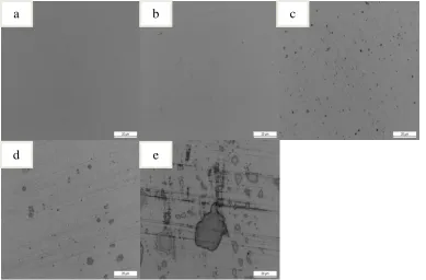 Figure 4.  Optical images of SS-304 a) prior to exposure in NaCl solution and after exposure in NaCl solution for 12h at b) 20 0C c) 40 0C d) 60 0C and e) 80 0C   