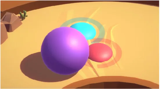 Figure 10: Shared objects. In COLAB, large purple spheres can only be moved if both players exert force  onto the sphere simultaneously.