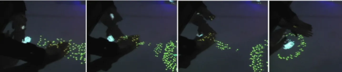 Figure 2:  Agents projected onto a capacitive surface. A player leads some agents into a separate cluster