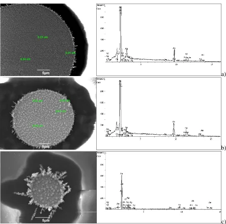 Figure 3. SEM images and EDS analysis of silver deposition at Au ultramicroelectrodes at  E=-0.06 V for a) 300s, b) 400s, c) 600 s