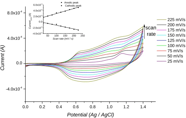 Figure 3.  Cyclic voltammograms of the electropolymerization of (2) with concentration of 1 mM in 0.1 M TBABF4, in MeCN:CH2Cl2 (1:1 v/v)  on ITO electrode (area: 1.5 cm2), under different scan rates vs