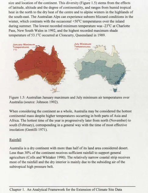 Figure 1.5: Australian January maximum and July minimum air temperatures over Australia (source: Johnson 1992).
