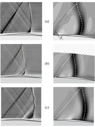 Figure 10: Comparison of experimental and computational shock structures for three bumps at o↵-design condition: (a) HSCB; (b) wedge bump; (c) exSCB