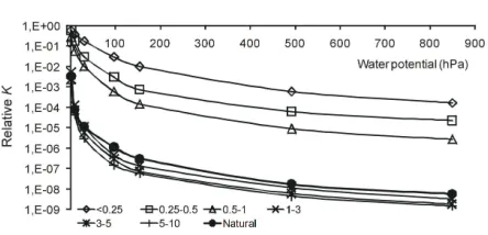 Fig. 3. Hydraulic conductivity coefficients vs water potential forHaplic�Pheaozem�and�Eutric�Fluvisol�in�the�natural�state.