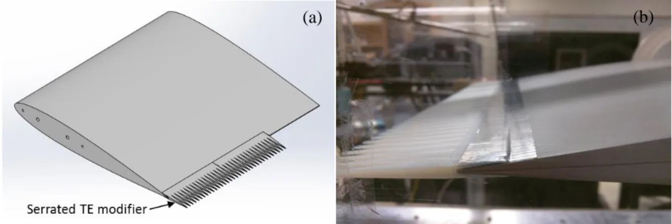 Figure 6. (a) Sketch of serrated TE modifier attached to Sh. (b) Serrated TE as mounted in  the test section 