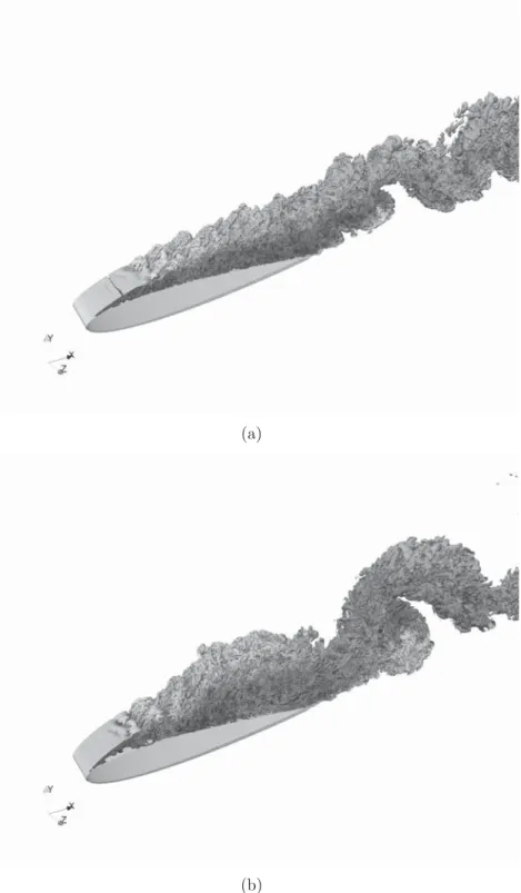 Figure 7: Visualisation of instantaneous vortical structures on the suction side of the airfoil by means of Q-iso- Q-iso-surfaces; Q = 30 coloured by velocity magnitude