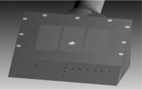 Figure 1. ViDI (Virtual Diagnostics Interface; see section III.B. for details)  rendering of the flat plate model tested, showing the triangular trip at the center and  the four orifices on the model centerline that were used to seed NO