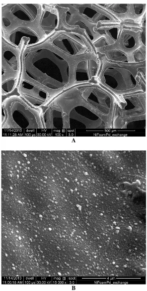 Figure 1.  a) SEM micrograph picture for Pd-modified Ni foam surface (ca. 0.2 wt.% Pd), taken at 100 magnification; b) As in (a), but taken at 15,000 magnification