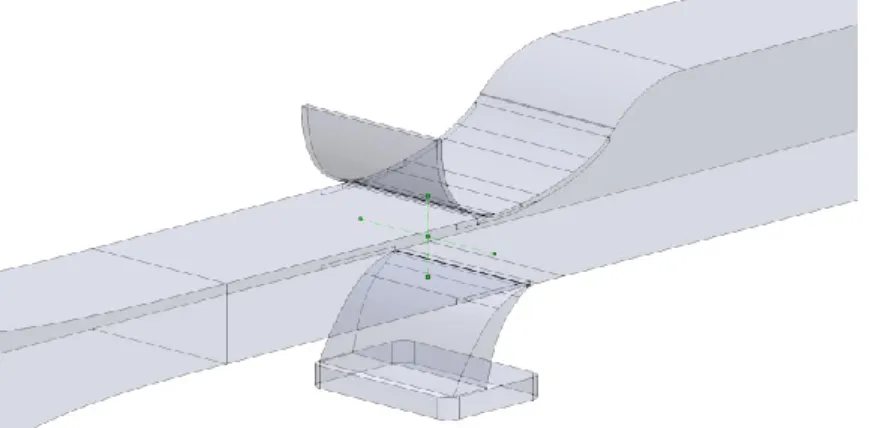 Figure 3: 3D Numerical Geometry including Upper and Lower Blower. The origin is located at the intersection of the green  lines