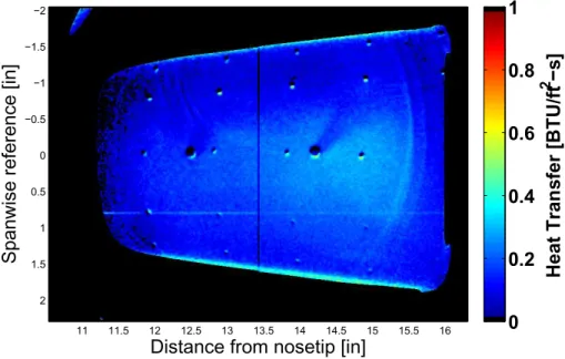Figure 6.2. Heat transfer contour of E1R2 0 ◦ AoA, quiet flow, smooth surface. Re = 2.79 ×10 6 /ft, P o = 114.9 psia, T o = 283.5 ◦ F, T w = 77.3 ◦ F.