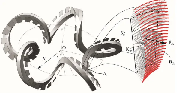 Figure 5. Semi-quantitative representation of the magnetic inductionthe surface BSa evaluated in 625 points of Sa and corresponding force FSa applied in the point Km of Sa.