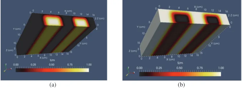 Figure 2. Virtual phantoms used to test algorithm performance — left (a) phantom consists of buried,high-conductivity strips (1.0 S/m); right (b) phantom consists of buried, low conductivity strips.