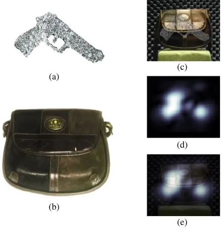 Figure 10. Holographic imaging and sparse reconstruction at z = 0.636 m of a concealed knife insidea stuﬀed animal