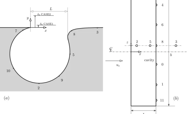 Figure 2.9. Sketch of the side view of the cavity model at the span of the central row of microphones, (a); top view (b).