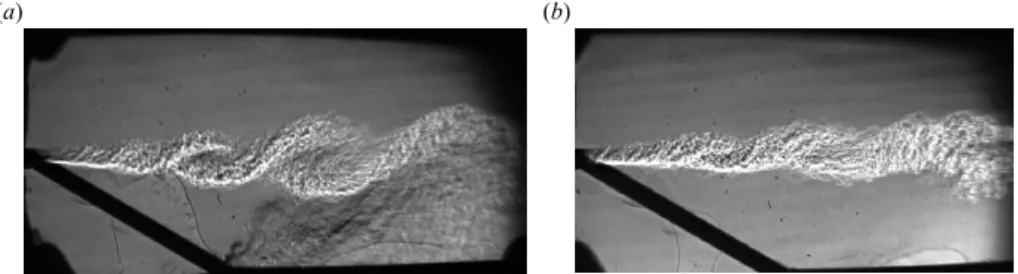 Figure 2. Schlieren visualization of the ﬂow in the expansion-ramp geometry from the experiments of Johnson (2005)